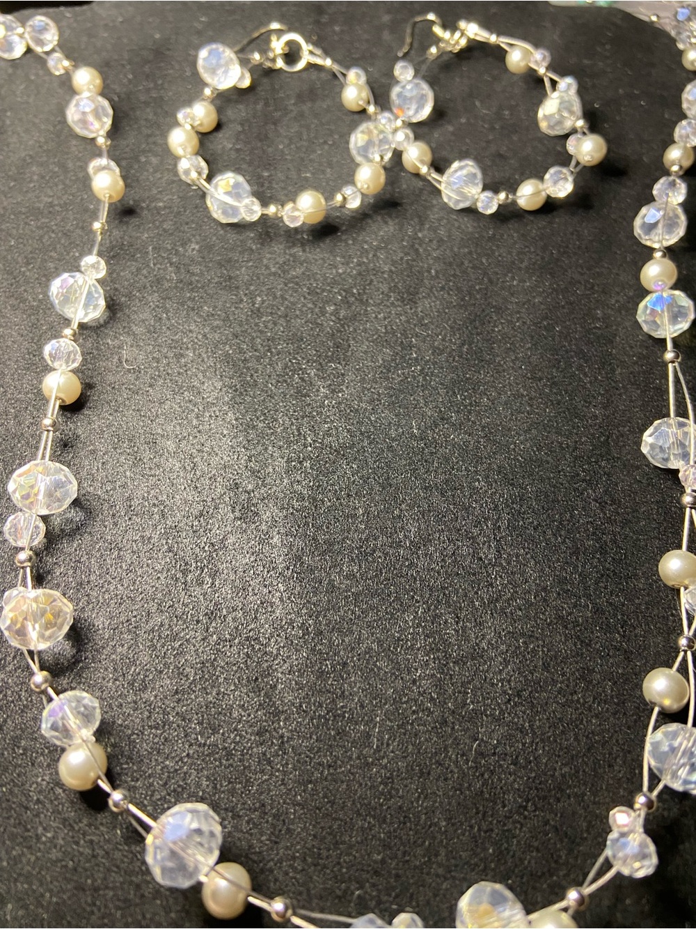 Crystal and Pearl Double Strand Necklace and Hoop Earrings - White